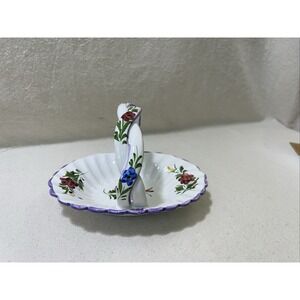 Vintage Hand Painted Ceramic Basket Braided Handle Portugal Cottage Core Grandma